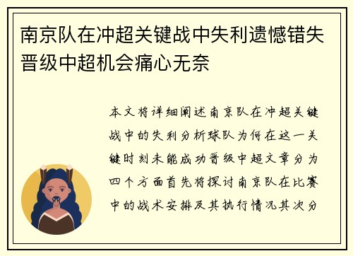 南京队在冲超关键战中失利遗憾错失晋级中超机会痛心无奈